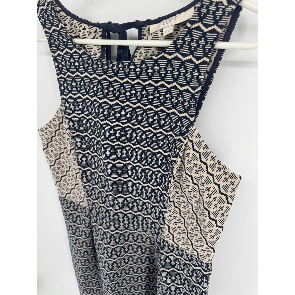 LOFT Navy Blue Cream Geometric Jacquard Sleeveless Shift Dress Womens 8 Tie Back - Picture 2 of 8